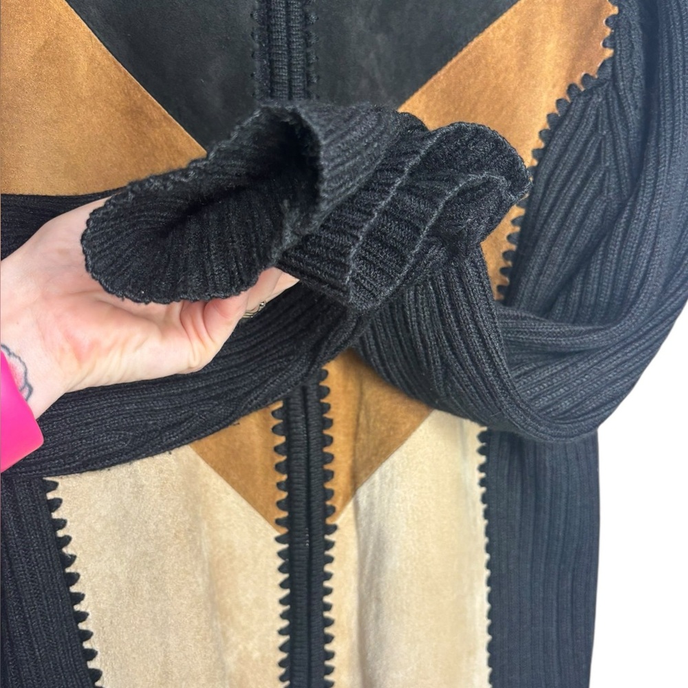 Vtg. Designer Studio Orig. Patchwork Suede Leather-Knit Zip Up Jacket Sweater M - Picture 3 of 10